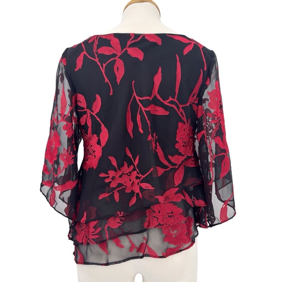 Alex Evenings Black & Red Floral Layered Asymmetrical Hem Blouse, Small - Picture 7 of 17